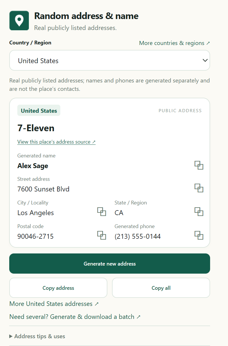 Manual version 0.1.3 Chrome extension showing a US address with source and copy controls